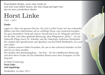 Traueranzeige von Horst Linke von Mitteldeutsche Zeitung Weißenfels