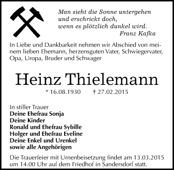 Traueranzeige von Heinz Thielemann von Mitteldeutsche Zeitung Bitterfeld