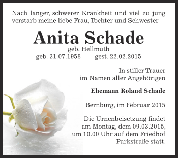 Traueranzeige von Anita Schade von Super Sonntag Bernburg