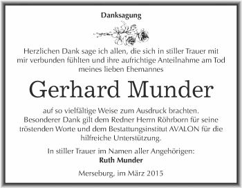 Traueranzeige von Gerhard Munder von WVG - Wochenspiegel Merseburg