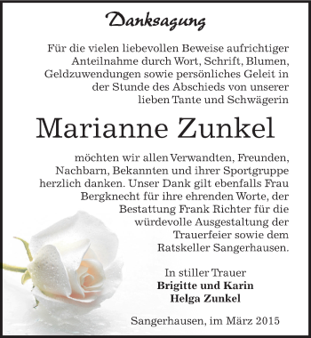 Traueranzeige von Marianne Zunkel von Mitteldeutsche Zeitung Sangerhausen