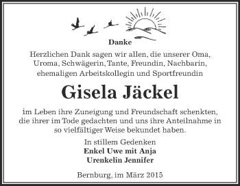 Traueranzeige von Gisela Jäckel von Super Sonntag Bernburg