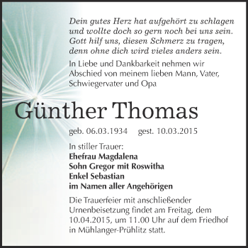 Traueranzeige von Günther Thomas von WVG - Wochenspiegel Wittenberg