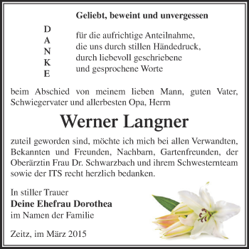 Traueranzeige von Werner Langner von Super Sonntag Zeitz