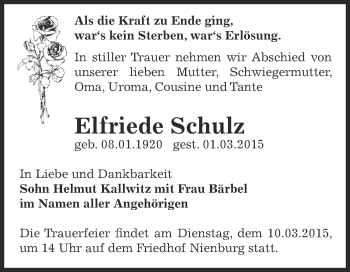 Traueranzeige von Elfriede Schulz von Super Sonntag Bernburg