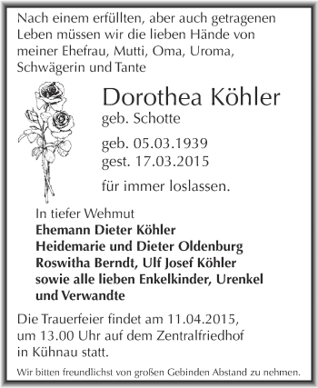 Traueranzeige von Dorothea Köhler von WVG - Wochenspiegel Dessau / Köthen