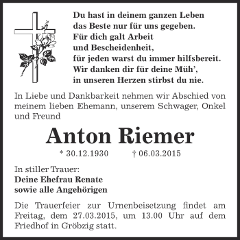 Traueranzeige von Anton Riemer von WVG - Wochenspiegel Dessau / Köthen