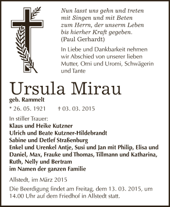 Traueranzeige von Ursula Mirau von Super Sonntag SGH Mansf. Land
