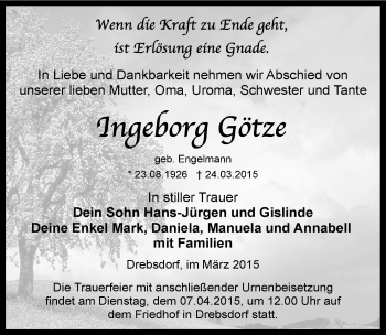 Traueranzeige von Ingeborg Götze von Mitteldeutsche Zeitung Sangerhausen