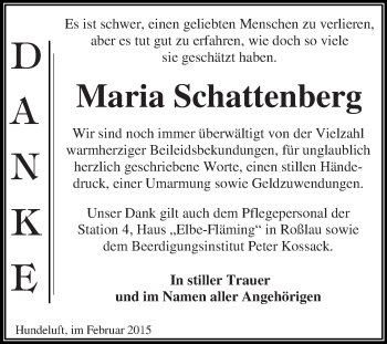 Traueranzeige von Maria Schattenberg von WVG - Wochenspiegel Dessau / Köthen