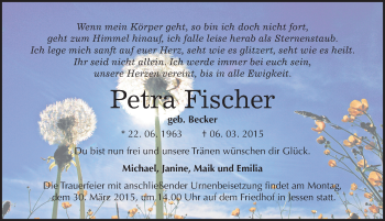 Traueranzeige von Petra Fischer von Mitteldeutsche Zeitung Wittenberg