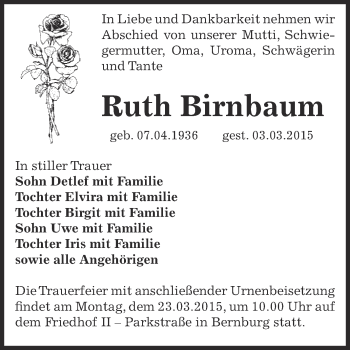 Traueranzeige von Ruth Birnbaum von Super Sonntag Bernburg