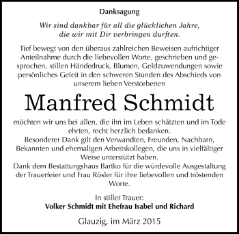 Traueranzeige von Manfred Schmidt von Mitteldeutsche Zeitung Köthen