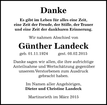 Traueranzeige von Günther Landeck von Mitteldeutsche Zeitung Sangerhausen