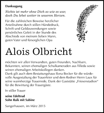 Traueranzeige von Alois Olbricht von Mitteldeutsche Zeitung Sangerhausen