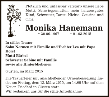 Traueranzeige von Monika Hanemann von Super Sonntag Bernburg