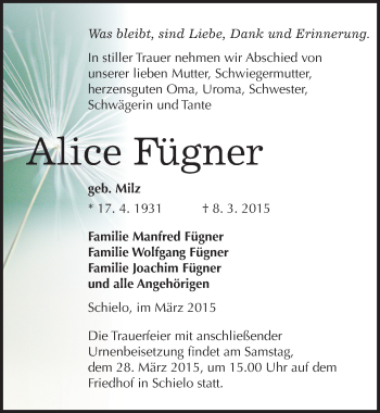 Traueranzeige von Alice Fügner von Mitteldeutsche Zeitung Quedlinburg