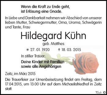 Traueranzeige von Hildegard Kühn von Super Sonntag Zeitz