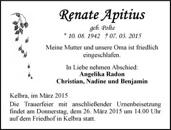 Traueranzeige von Renate Apitius von Mitteldeutsche Zeitung Sangerhausen