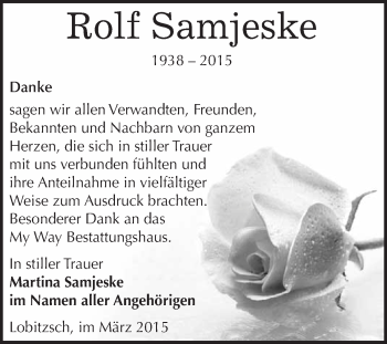 Traueranzeige von Rolf Samjeske von WVG - Wochenspiegel NMB / WSF / ZTZ