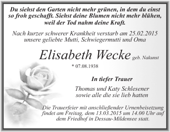 Traueranzeige von Elisabeth Wecke von WVG - Wochenspiegel Dessau / Köthen