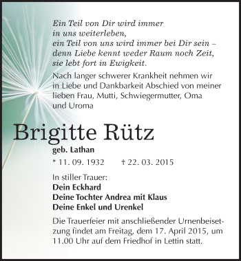 Traueranzeige von Brigitte Rütz von Mitteldeutsche Zeitung Halle/Saalkreis