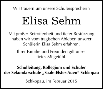 Traueranzeige von Elisa Sehm von Mitteldeutsche Zeitung Merseburg/Querfurt