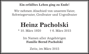 Traueranzeige von Heinz Pacholski von Super Sonntag Zeitz