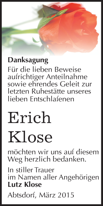 Traueranzeige von Erich Klose von Mitteldeutsche Zeitung Wittenberg