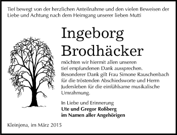Traueranzeige von Ingeborg Brodhäcker von Mitteldeutsche Zeitung Naumburg/Nebra
