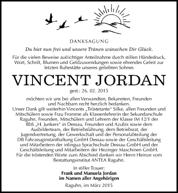 Traueranzeige von Vincent Jordan von Mitteldeutsche Zeitung Dessau-Roßlau