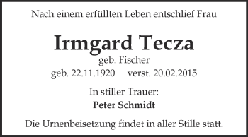 Traueranzeige von Irmgard Tecza von WVG - Wochenspiegel NMB / WSF / ZTZ