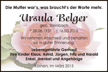 Traueranzeige von Ursula Belger von WVG - Wochenspiegel Dessau / Köthen