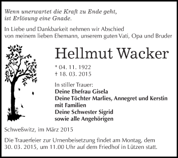 Traueranzeige von Hellmut Wacker von WVG - Wochenspiegel NMB / WSF / ZTZ