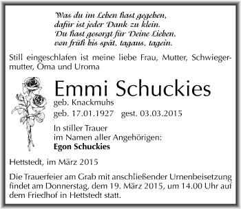 Traueranzeige von Emmi Schuckies von Mitteldeutsche Zeitung Mansfelder Land