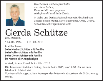 Traueranzeige von Gerda Schütze von Mitteldeutsche Zeitung Sangerhausen