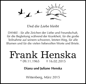 Traueranzeige von Frank Henska von Mitteldeutsche Zeitung Wittenberg