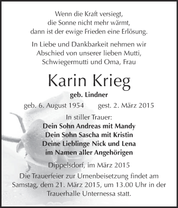 Traueranzeige von Karin Krieg von WVG - Wochenspiegel NMB / WSF / ZTZ