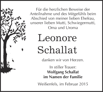 Traueranzeige von Leonore Schallat von WVG - Wochenspiegel NMB / WSF / ZTZ