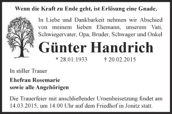 Traueranzeige von Günter Handrich von WVG - Wochenspiegel Dessau / Köthen