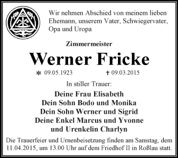 Traueranzeige von Werner Fricke von WVG - Wochenspiegel Dessau / Köthen