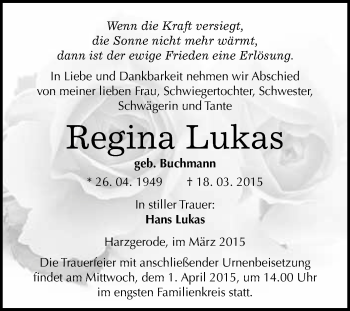 Traueranzeige von Regina Lukas von WVG - Wochenspiegel Quedlinburg