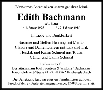 Traueranzeige von Edith Bachmann von Mitteldeutsche Zeitung Halle/Saalkreis