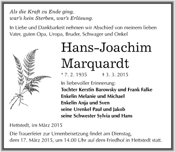 Traueranzeige von Hans-Joachim Marquardt von Mitteldeutsche Zeitung Mansfelder Land