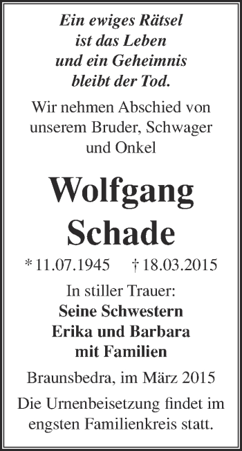 Traueranzeige von Wolfgang Schade von WVG - Wochenspiegel Merseburg