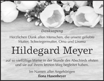 Traueranzeige von Hildegard Meyer von WVG - Wochenspiegel Quedlinburg
