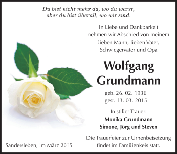 Traueranzeige von Wolfgang Grundmann von Mitteldeutsche Zeitung Mansfelder Land