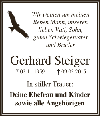Traueranzeige von Gerhard Steiger von WVG - Wochenspiegel Dessau / Köthen