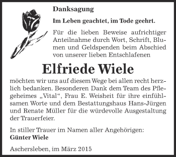 Traueranzeige von Elfriede Wiele von Super Sonntag Aschersleben
