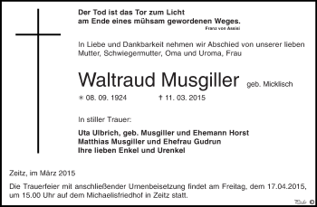 Traueranzeige von Waltraud Musgiller von Super Sonntag Zeitz